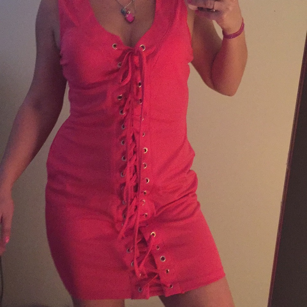 hot pink lace up sexy dress!!! large! new